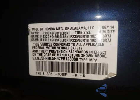 2014 Honda Odyssey Touring/Touring Elite z USA, uszkodzony, nr VIN 5FNRL5H97EB123088